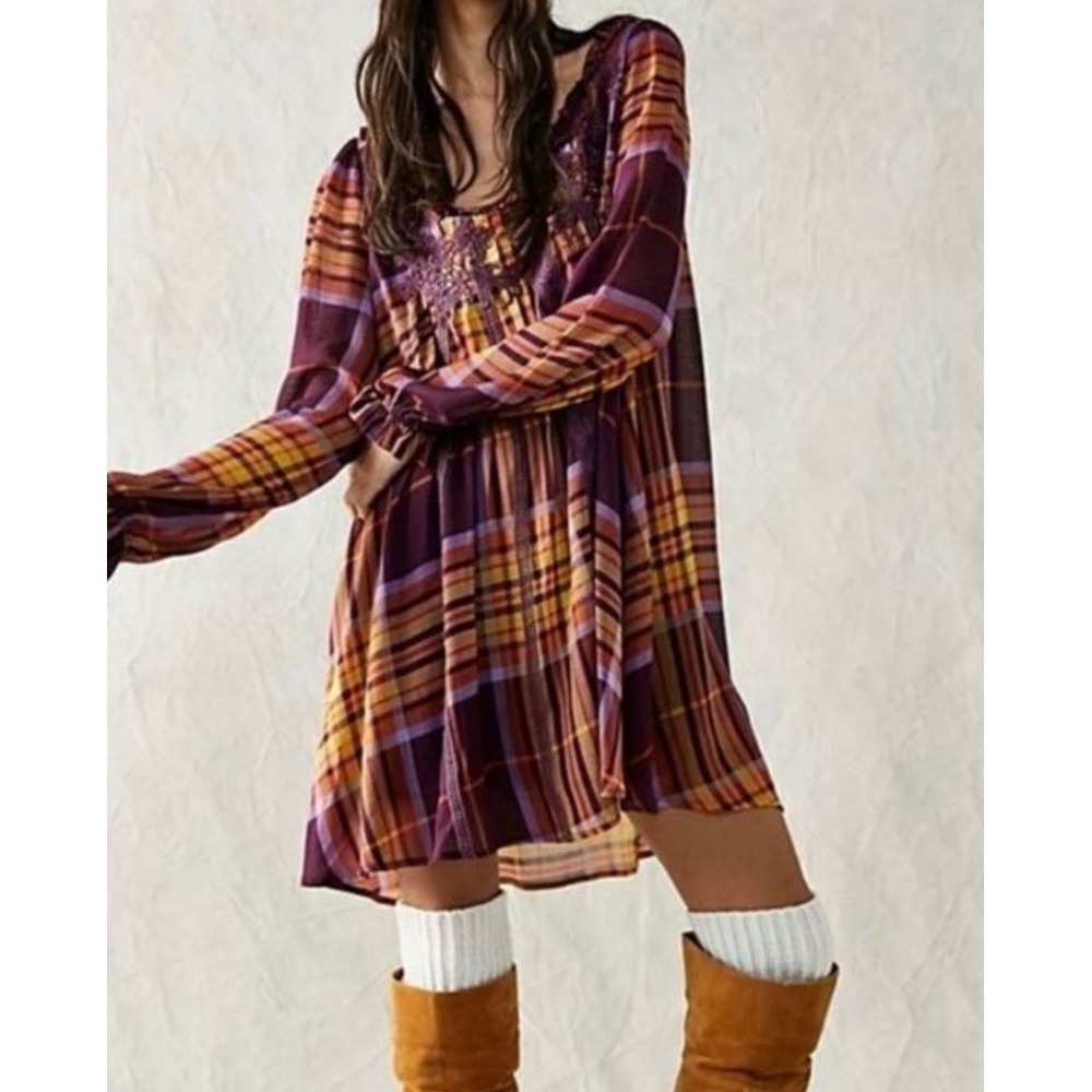 Free people faye frock mini dress‎ embroidered Oversized tunic Sz-SM plum combo